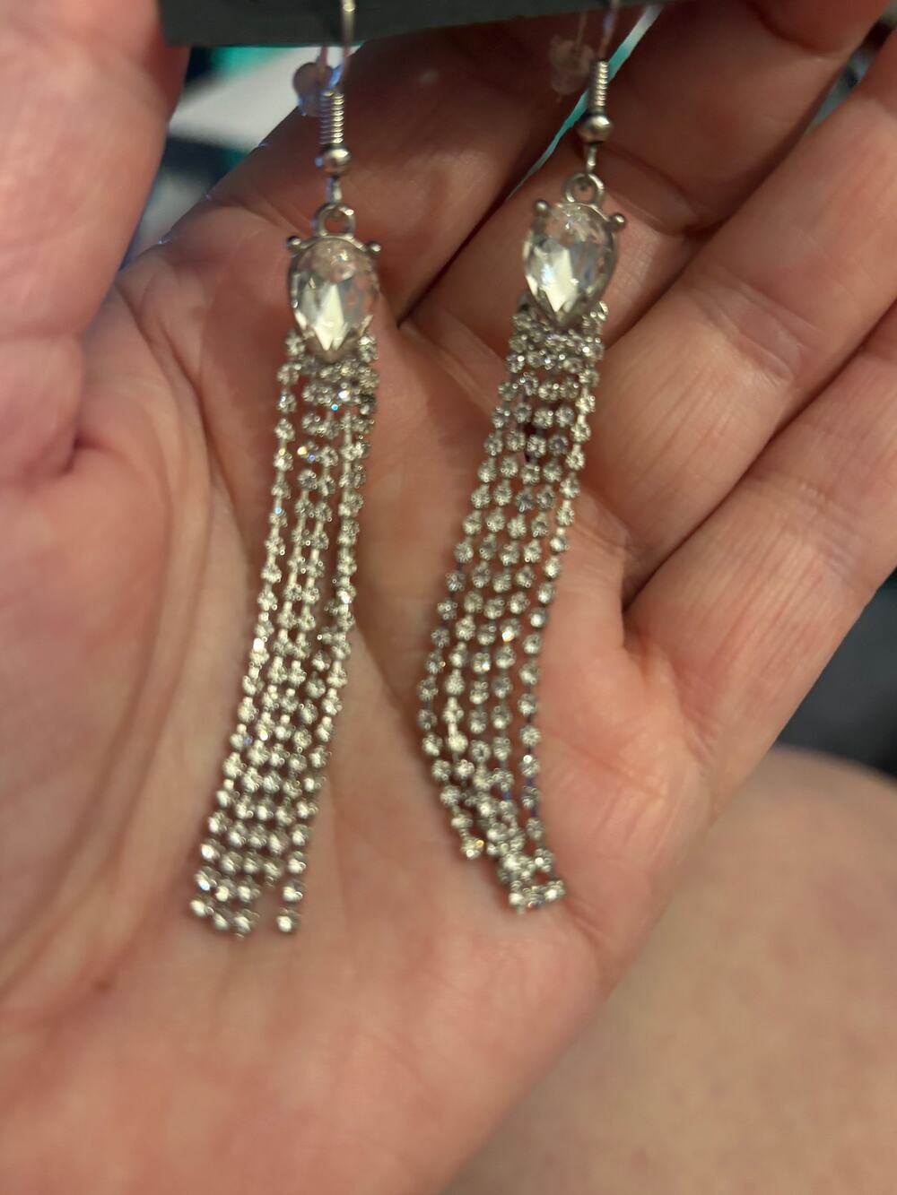 Vintage NOS Silver Tone Rhinestone Tassel Earrings